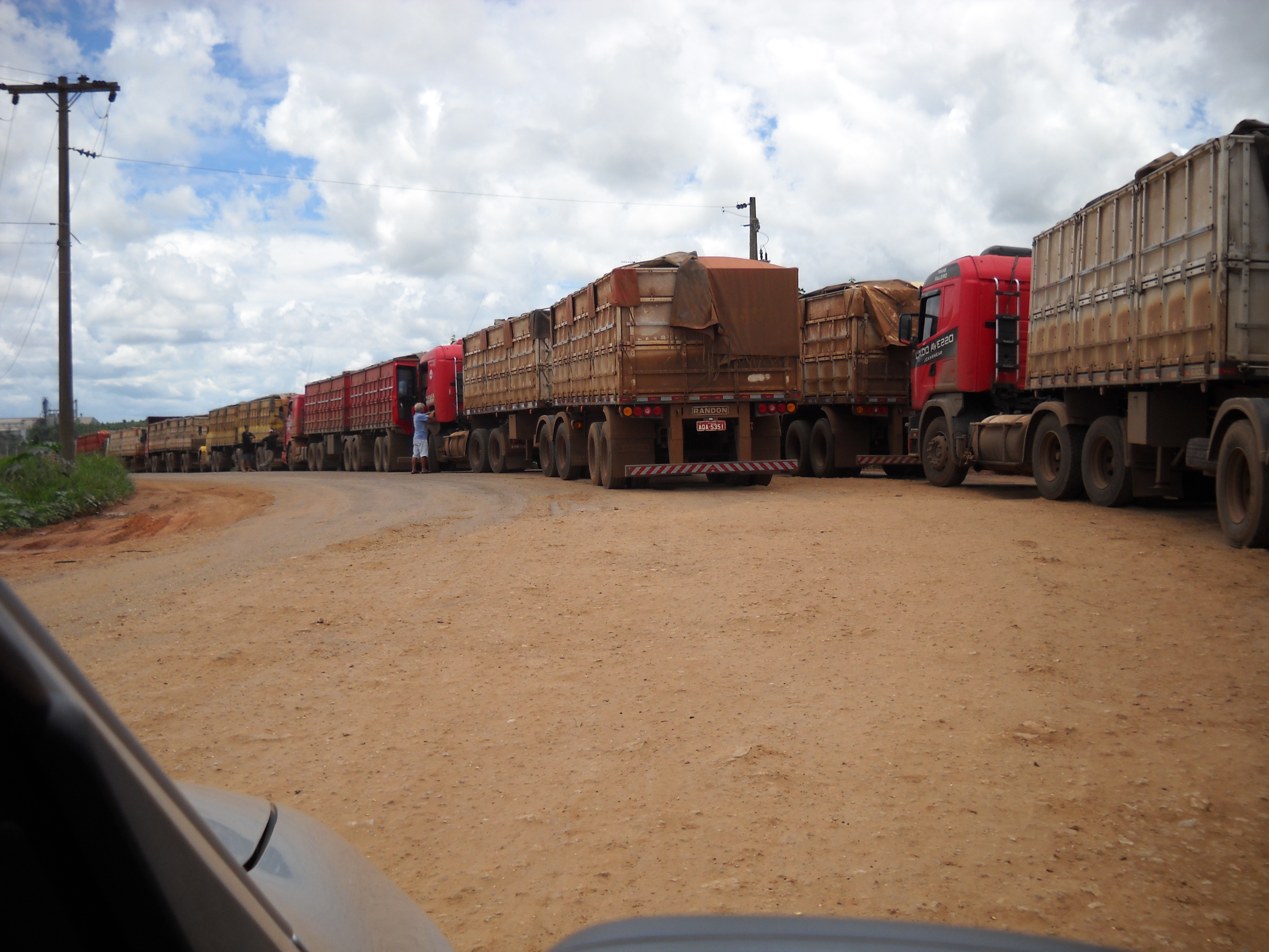 Trucks waiting to unload at Ferronorte Rail Terminal at Alta Araguaia in southeastern Mato Grosso