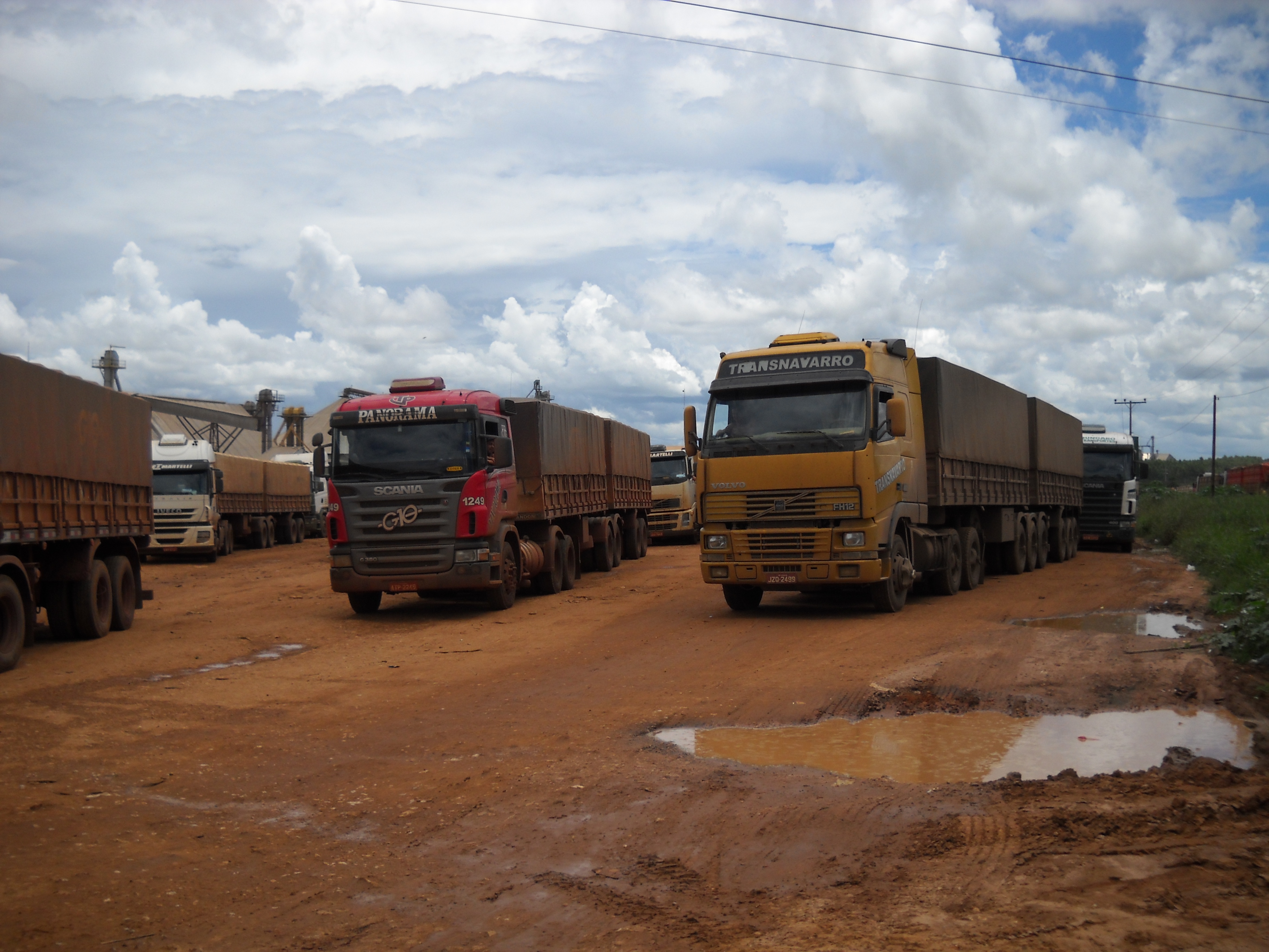 Trucks waiting to unload at Ferronorte Rail Terminal at Alta Araguaia in southeastern Mato Grosso