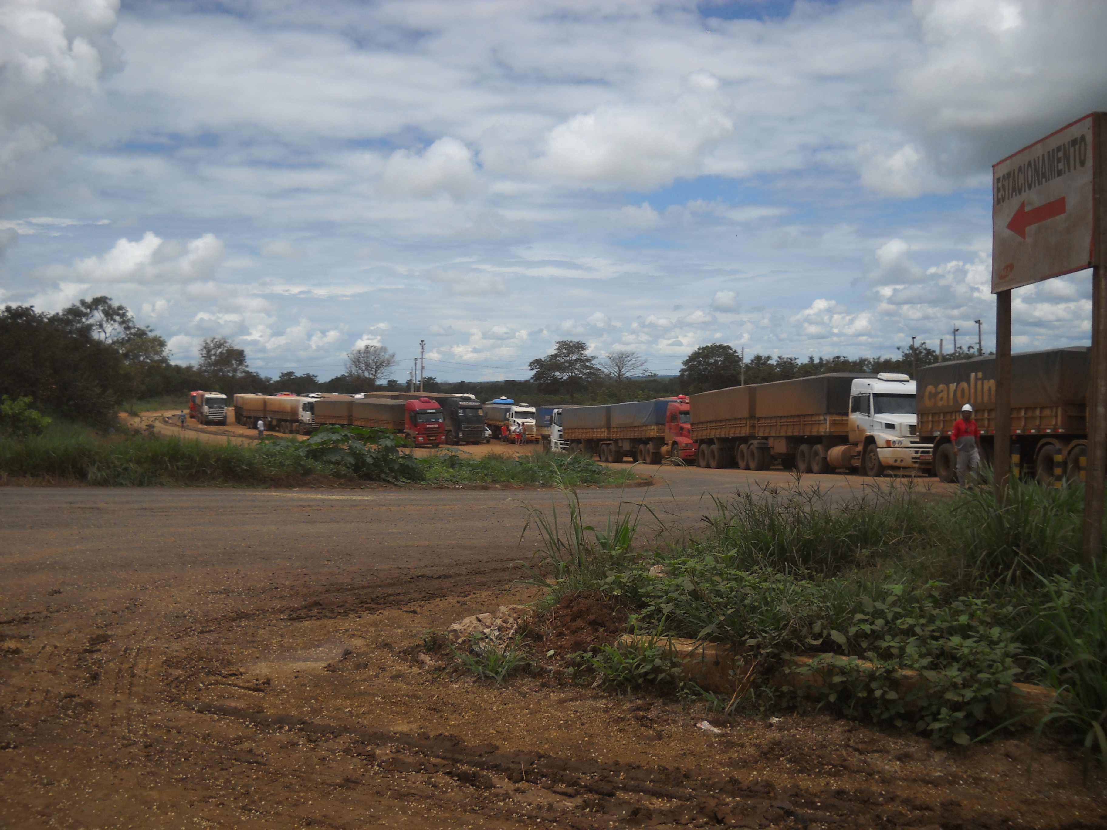 Trucks waiting to unload at Ferronorte Rail Terminal at Alta Araguaia in southeastern Mato Grosso