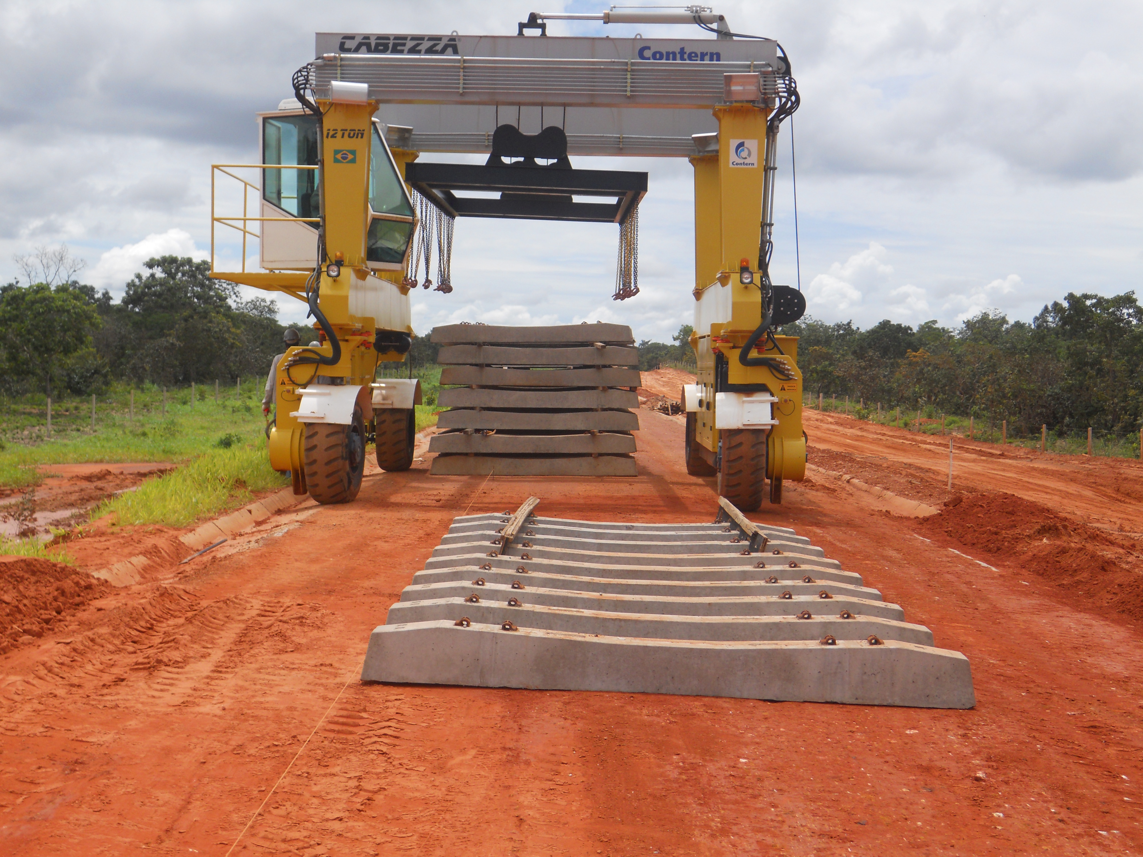 Custom built machine that lays ties along Ferronorte Railroad near Alta Araguaia in southeastern Mato Grosso, Brazil