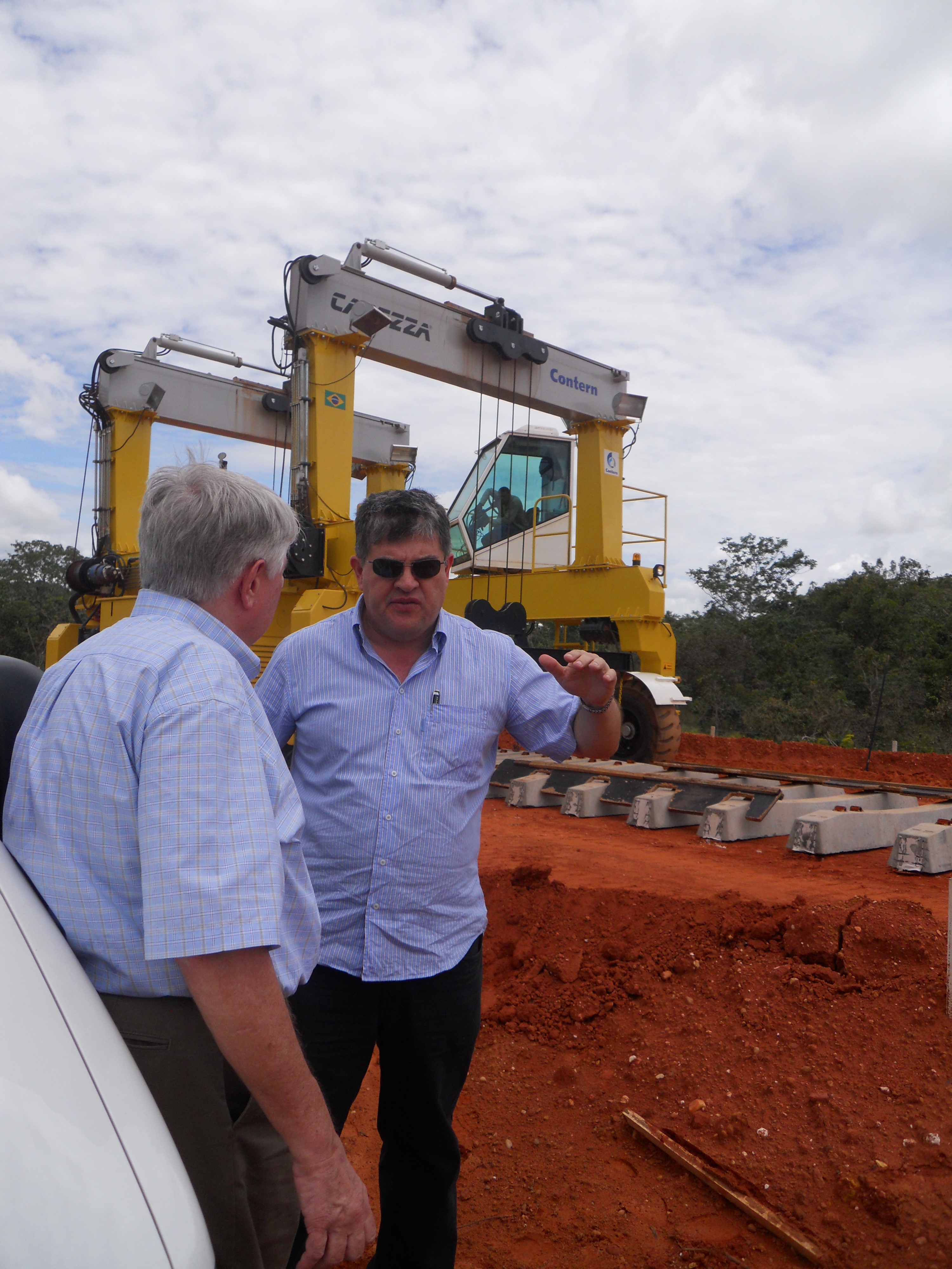 Michael Cordonnier and Joubert Lansoni da Silva, chief consultant for Ferronorte Railroad near Alta Araguaia in southeastern Mato Grosso, Brazil