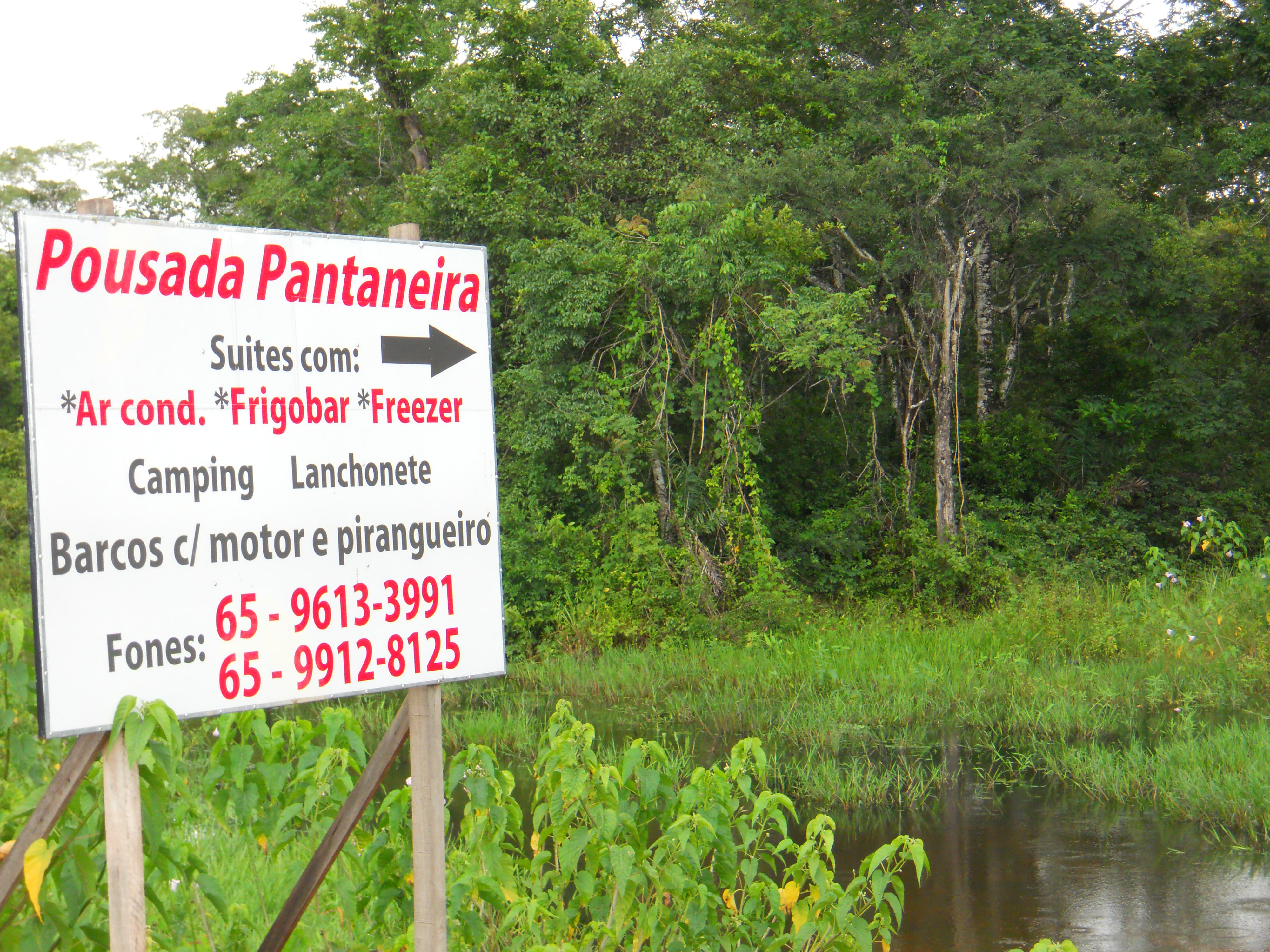 Soggy entrance to a resort during the rainy season in the Pantanal in southern Mato Grosso, Brazil, sign says air conditioned suites available, lunch, boat rentals
